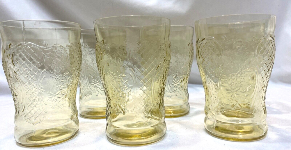 6 Federal Glass NORMANDIE "Bouquet and Lattice" Amber Flat Water Tumbler